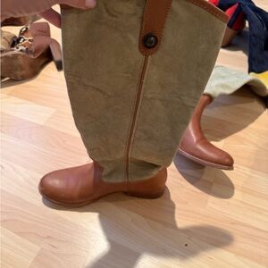Frye Olive Canvas and Cognac Leather Mid-Calf Riding Boots